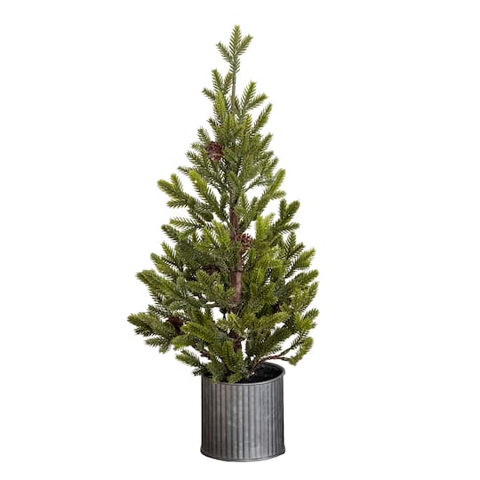 Nearly Natural 18" Unlit Artificial Christmas Tree with Pinecones in Metal Tin Planter